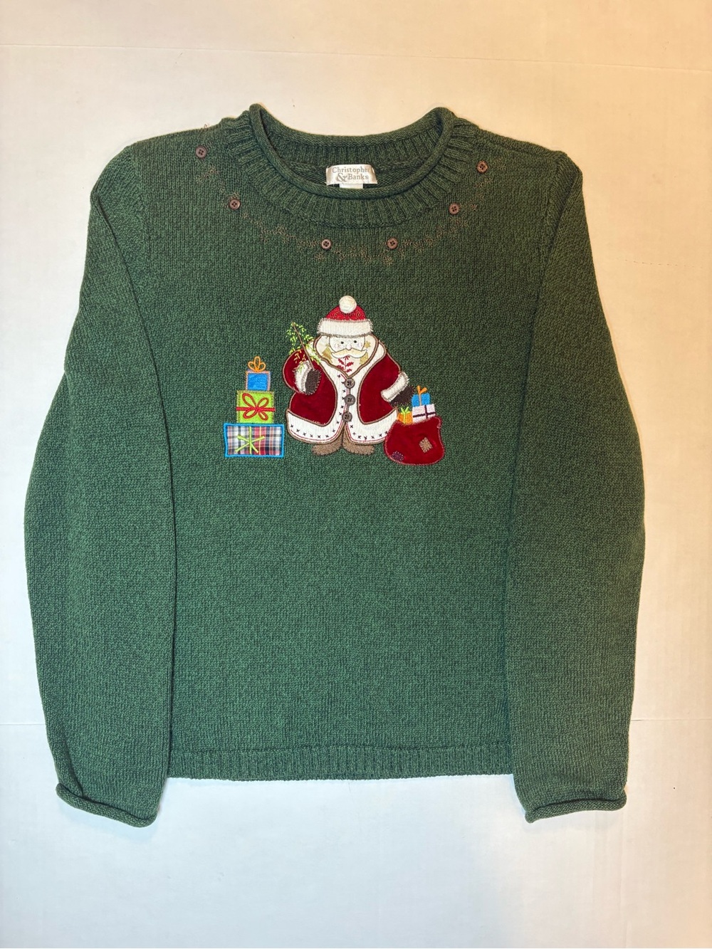 Christopher & Banks 100% Cotton Holiday Sweater Appliques Embroidered Santa M